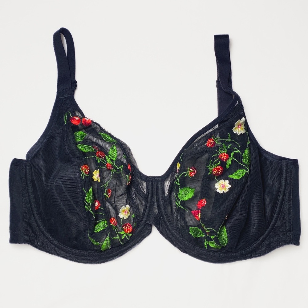 32J Elomi Matilda Banded Plunge Underwire Bra Black Floral Embroidered Cherry
